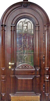 Арочная металлическая дверь массив со стеклом и ковкой ДА-50 в Звенигороде
