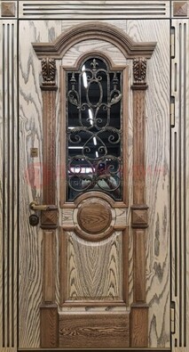 Железная дверь с массивом дуба со стеклом и ковкой ДМД-47 в Звенигороде