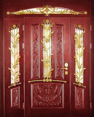 Бордовая железная парадная дверь со стеклом и ковкой ДПР-75 в Звенигороде