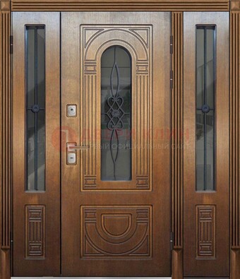 Коричневая стальная парадная дверь с фрамугой ДПР-84 в Звенигороде