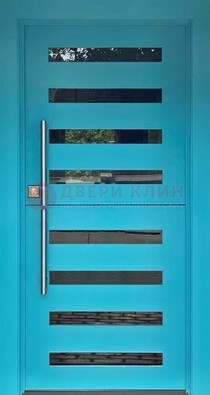 Голубая уличная дверь с МДФ панелью и стеклом ДС-51 в Звенигороде