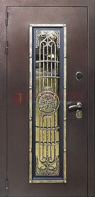 Железная дверь цвета медный антик со стеклом и ковкой ДСК-105 в Звенигороде