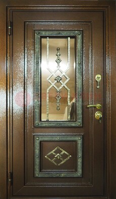 Теплая входная дверь со стеклом и ковкой разноцветной ДСК-13 в Звенигороде
