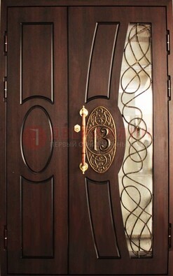 Полуторная стальная дверь со стеклом и золотой ковкой ДСК-14 В Ижевске