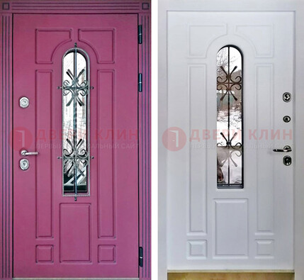 Розовая металлическая дверь со стеклом и ковкой ДСК-151 в Звенигороде