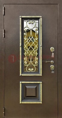 Входная дверь порошок со стеклом и ковкой для коттеджа ДСК-166 в Звенигороде