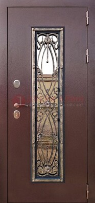 Коричневая стальная дверь порошок со стеклом и ковкой для дома ДСК-169 в Звенигороде