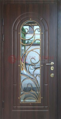 Железная дверь Винорит со стеклом и ковкой в темном цвете ДСК-216 в Великом Новгороде