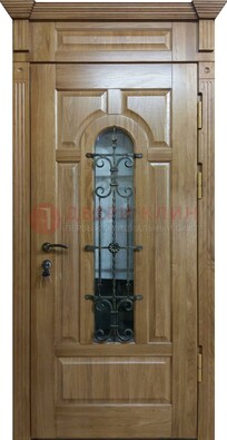 Металлическая дверь массив со стеклом и ковкой для дома ДСК-246 в Звенигороде
