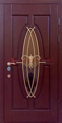 Бордовая стальная дверь Винорит со стеклом и ковкой ДСК-263 в Звенигороде