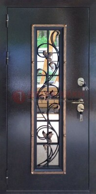 Железная дверь с порошковым напылением стеклом и ковкой ДСК-279 в Звенигороде
