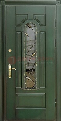 Железная дверь со стеклом и ковкой ДСК-9 для офиса в Звенигороде