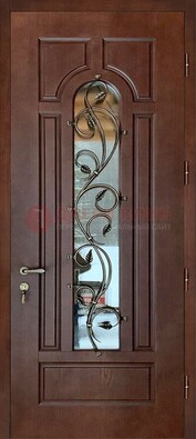 Коричневая железная дверь с виноритом со стеклом и ковкой ДВТ-158 в Звенигороде