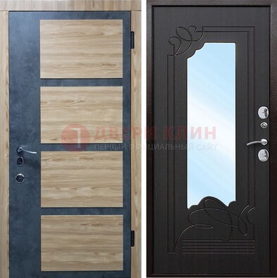 Металлическая дверь Темный орех c фрезерованной МДФ с зеркалом ДЗ-103 в Звенигороде