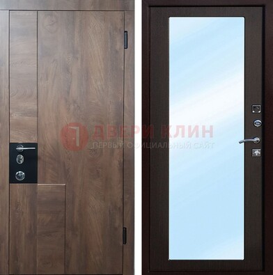 Коричневая металлическая дверь c МДФ с зеркалом ДЗ-106 в Тихвине