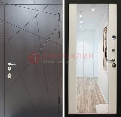 Железная коричневая дверь со светлой МДФ внутри и зеркалом ДЗ-125 в Звенигороде