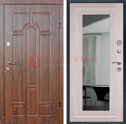 Входная коричневая дверь с МДФ Белый дуб и зеркалом ДЗ-126 в Звенигороде