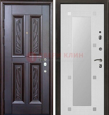 Коричневая стальная дверь с зеркалом МДФ внутри ДЗ-44 в Звенигороде