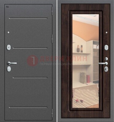 Серая стальная дверь с зеркалом винорит внутри ДЗ-6 в Звенигороде