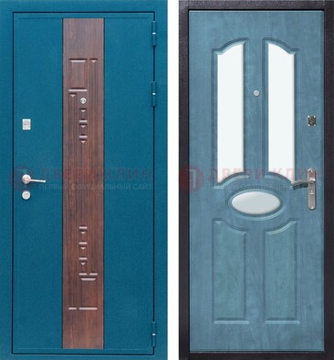 Голубая металлическая дверь МДФ с тремя зеркальными вставками ДЗ-78 в Звенигороде