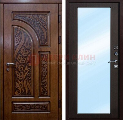 Коричневая входная дверь c узором и виноритом МДФ с зеркалом ДЗ-98 в Звенигороде
