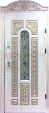 Белая железная дверь с МДФ и витражом ВЖ-26 в Звенигороде